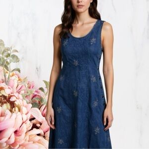Vintage Denim Dress Maxi Floral Button Side EUC